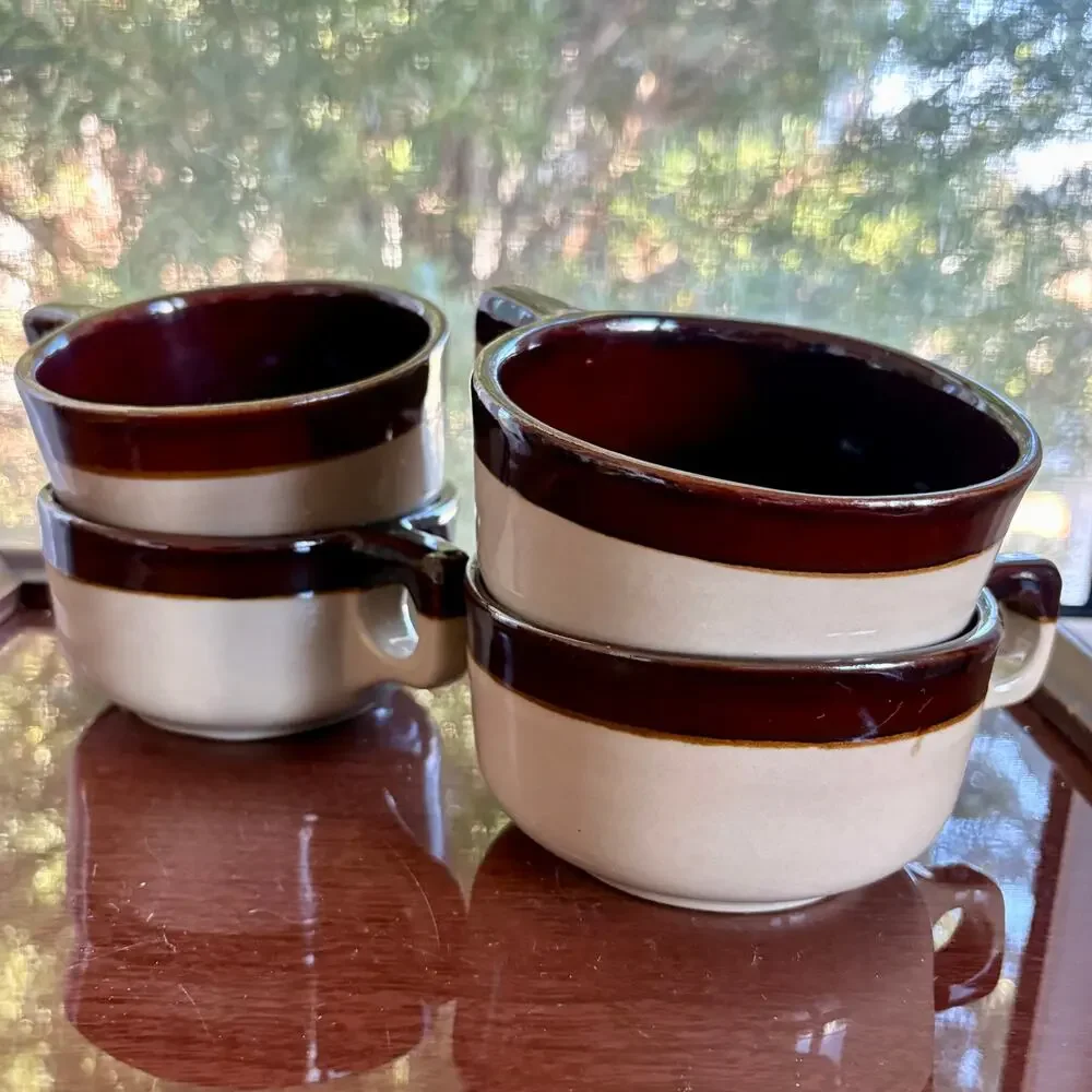 Vintage Western Stoneware Maple Leaf Brown Band Soup Mugs, Set of 4